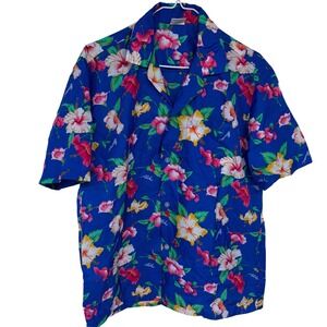 Vintage Winnie Fashion Floral Hawaiian Shirt Blue Colorful Flower Made in Hawaii